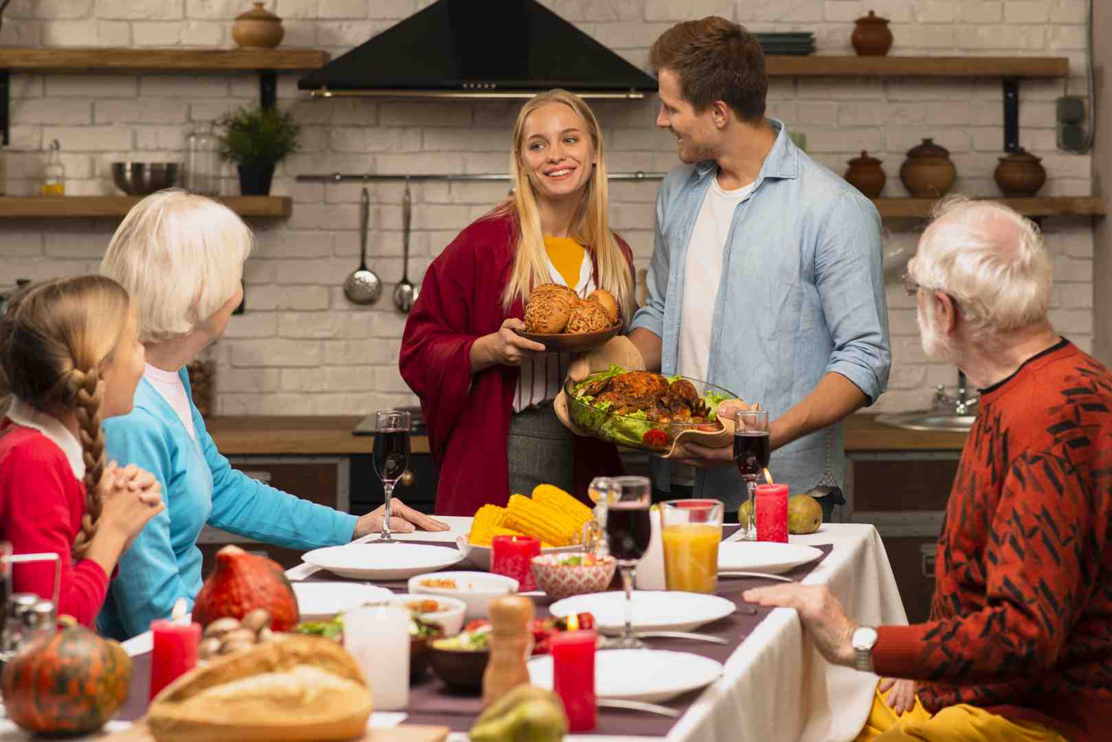 happy family enjoying thanksgiving meal - thanksgiving food catering