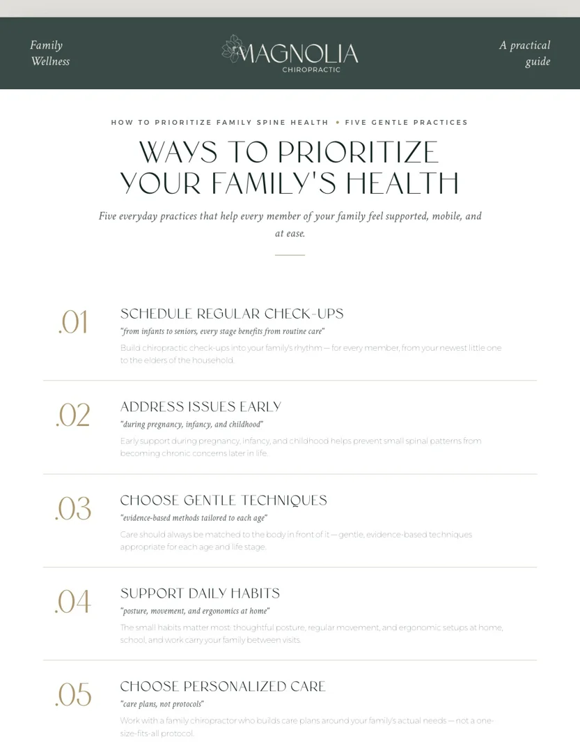 Infographic showing 5 steps to family spine health in Norman: regular check-ups, early care, gentle techniques, daily Infographic showing 5 steps to family spine health in Norman: regular check-ups, early care, gentle techniques, daily