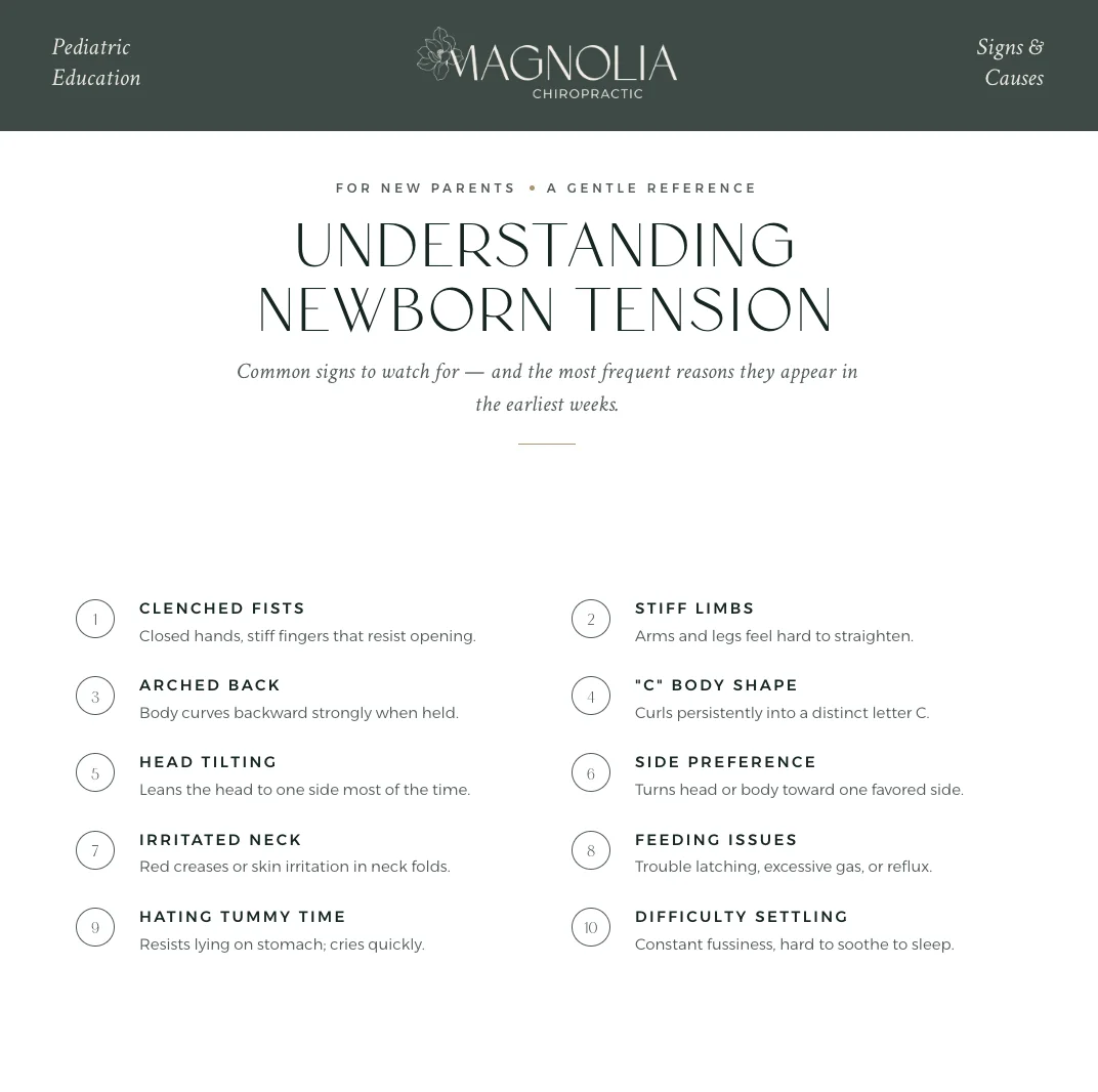 Infographic showing 10 signs of newborn tension and key causes like womb positioning and birth trauma - Signs Your Baby May Infographic showing 10 signs of newborn tension and key causes like womb positioning and birth trauma - Signs Your Baby May