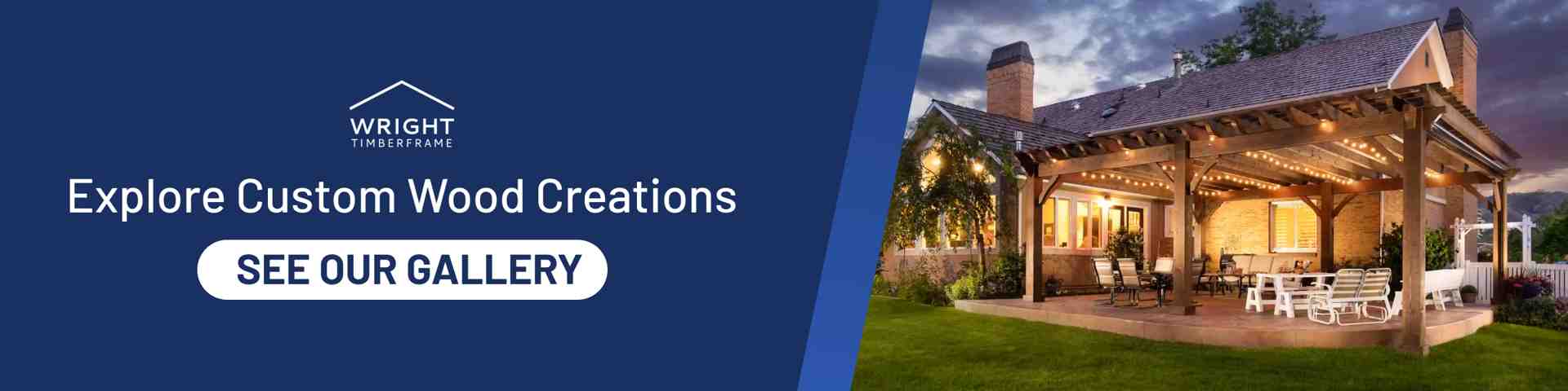 Explore Custom Timber Products Gallery Custom timber products CTA showing a handcrafted wood pergola with lighting over an outdoor dining area and a see our gallery button.