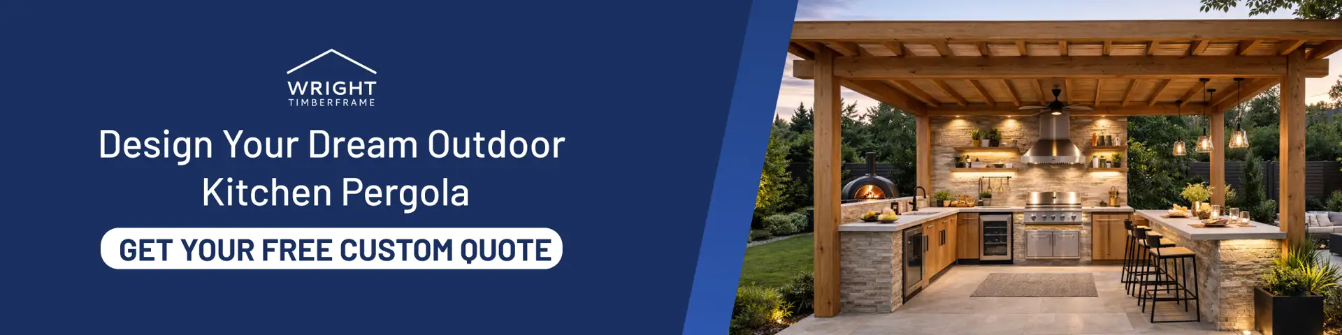 Get a Free Outdoor Kitchen Pergola Quote Timber frame outdoor kitchen pergola with built in grill and seating promoting outdoor kitchen pergola design and free custom quote.