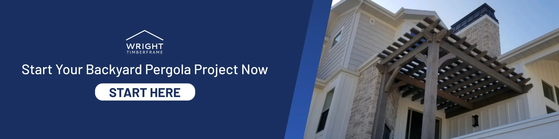 Start Your Timber Frame Pergola Project Timber frame pergola kits call to action graphic showing backyard pergola structure attached to home with start project button