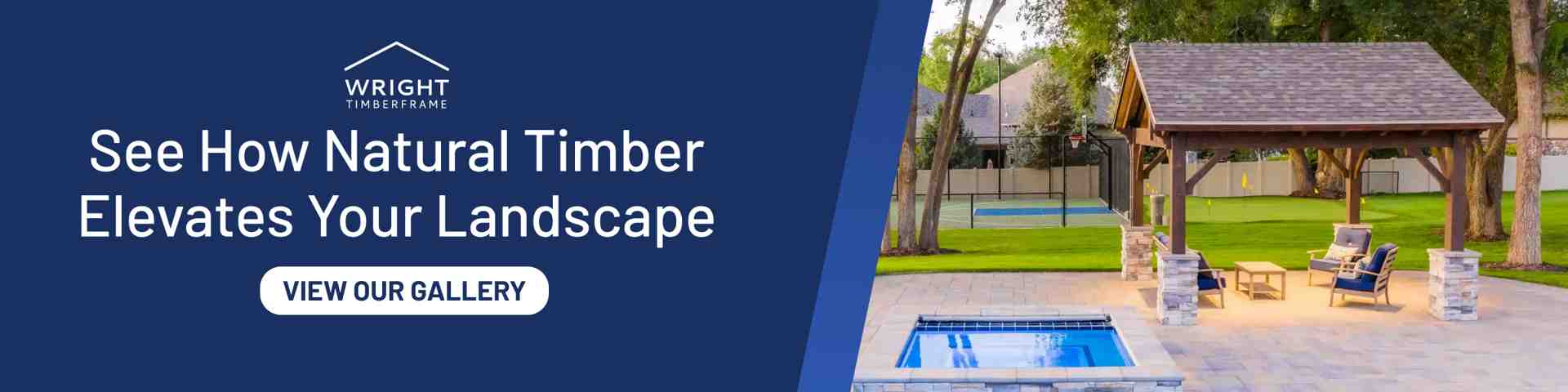 See How Natural Timber Elevates Landscapes Natural materials outdoor design featuring timber pavilion, stone columns, and backyard pool with gallery CTA.