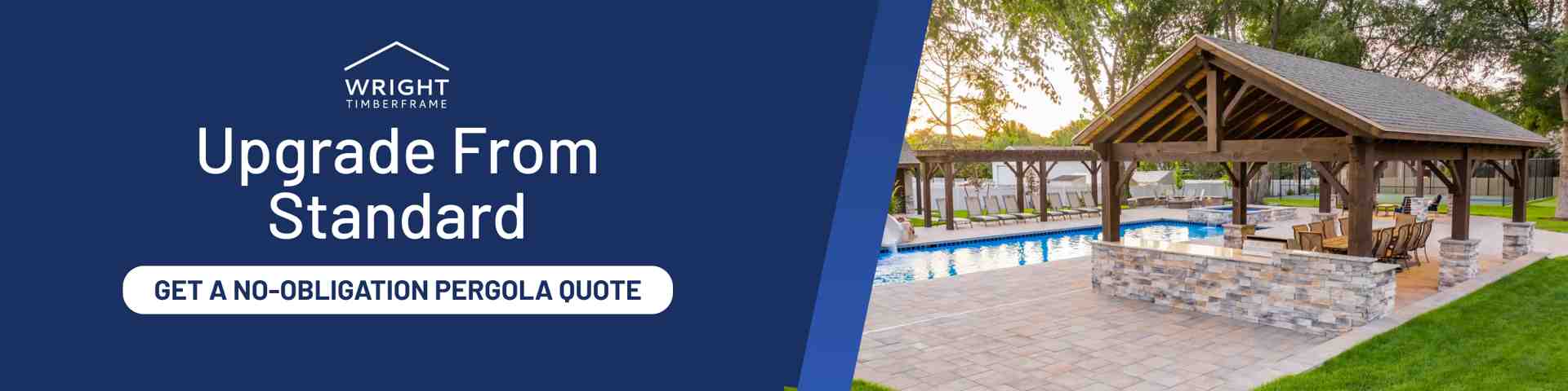 Upgrade From Standard Pergola Builds Timber frame pergola designs featured in backyard pool setting with CTA to get a no-obligation pergola quote.