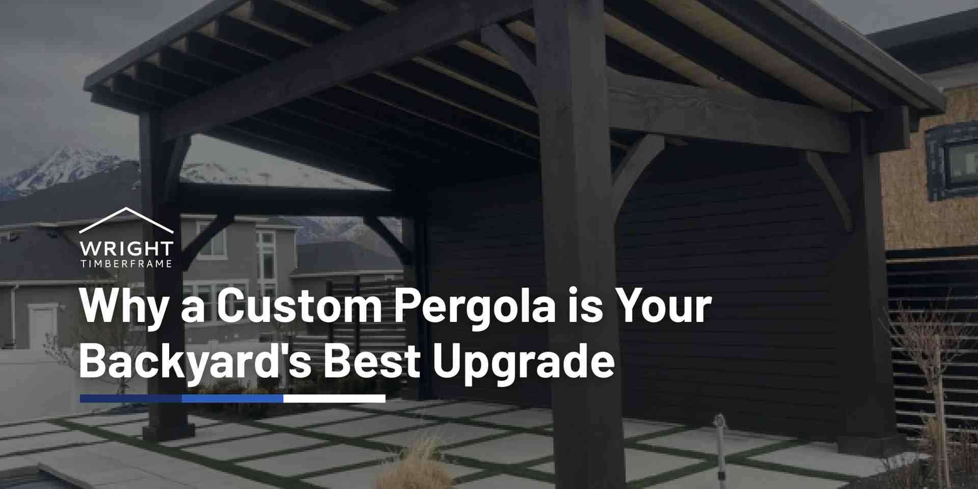 Modern custom pergolas built with timberframe beams shown in a landscaped backyard, highlighting design, structure, and outdoor living benefits.