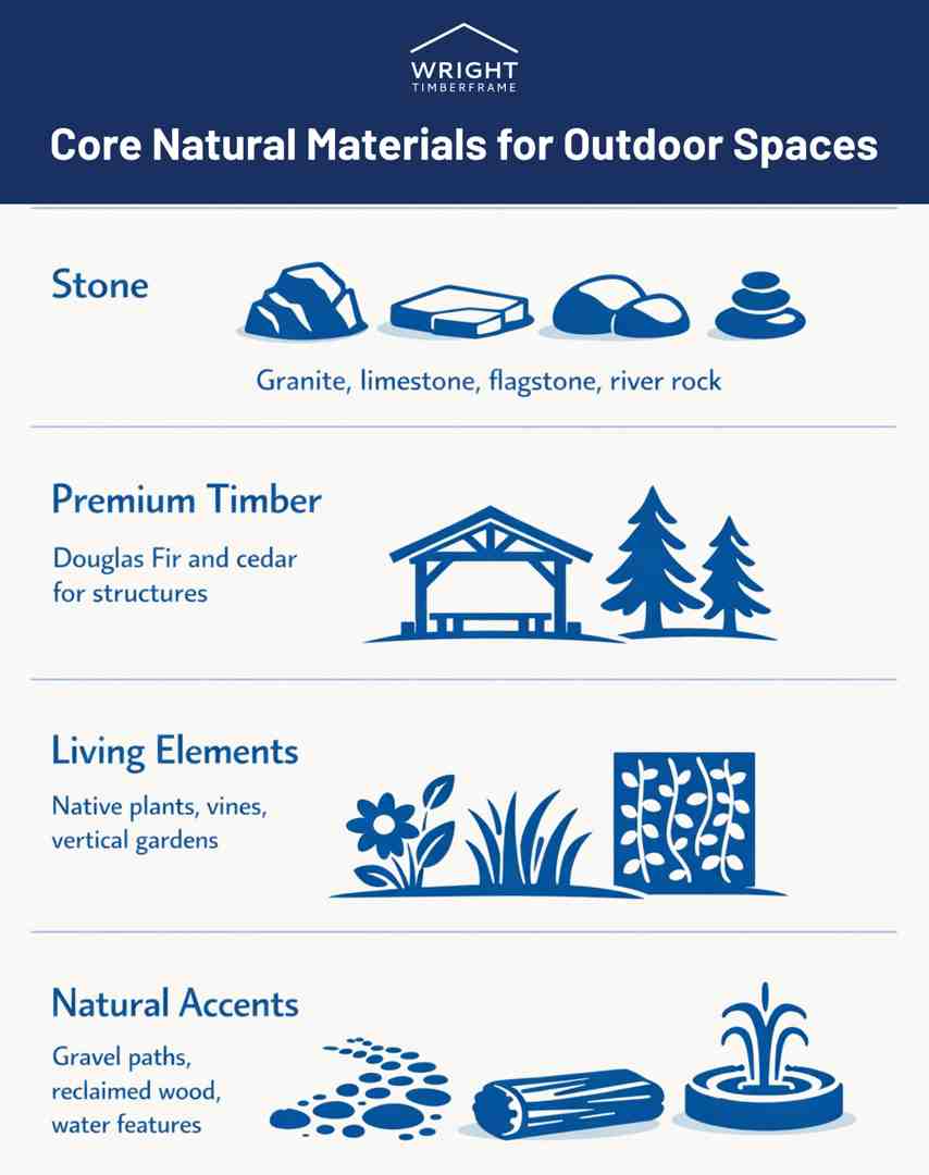 Core Natural Materials for Outdoor Spaces Infographic on natural materials outdoor design featuring stone, premium timber, living plants, and water features for landscapes.