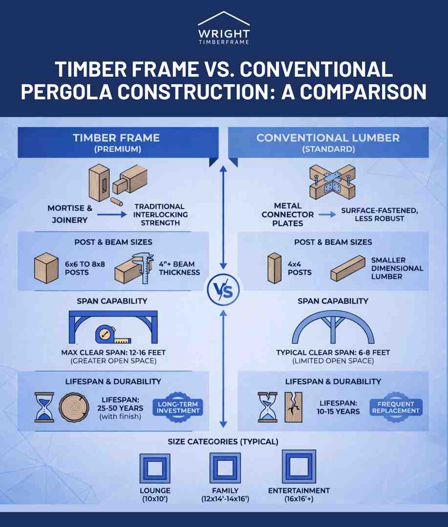 Timber Frame vs Conventional Pergola Comparison Infographic comparing timber frame pergola designs with conventional lumber construction, showing joinery, span, and lifespan differences.