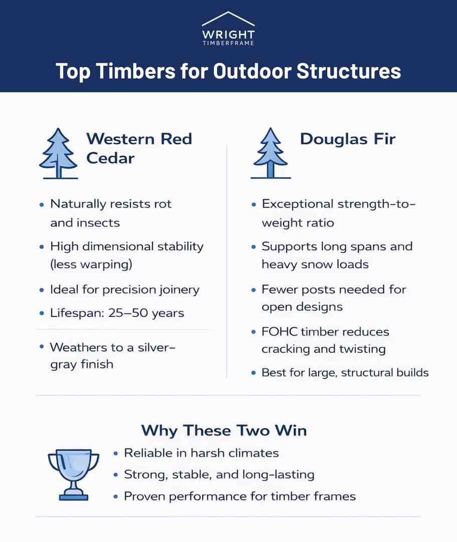 Top Timbers for Outdoor Structures Infographic showing best timber for outdoor structures, comparing Western Red Cedar and Douglas Fir benefits and lifespan.