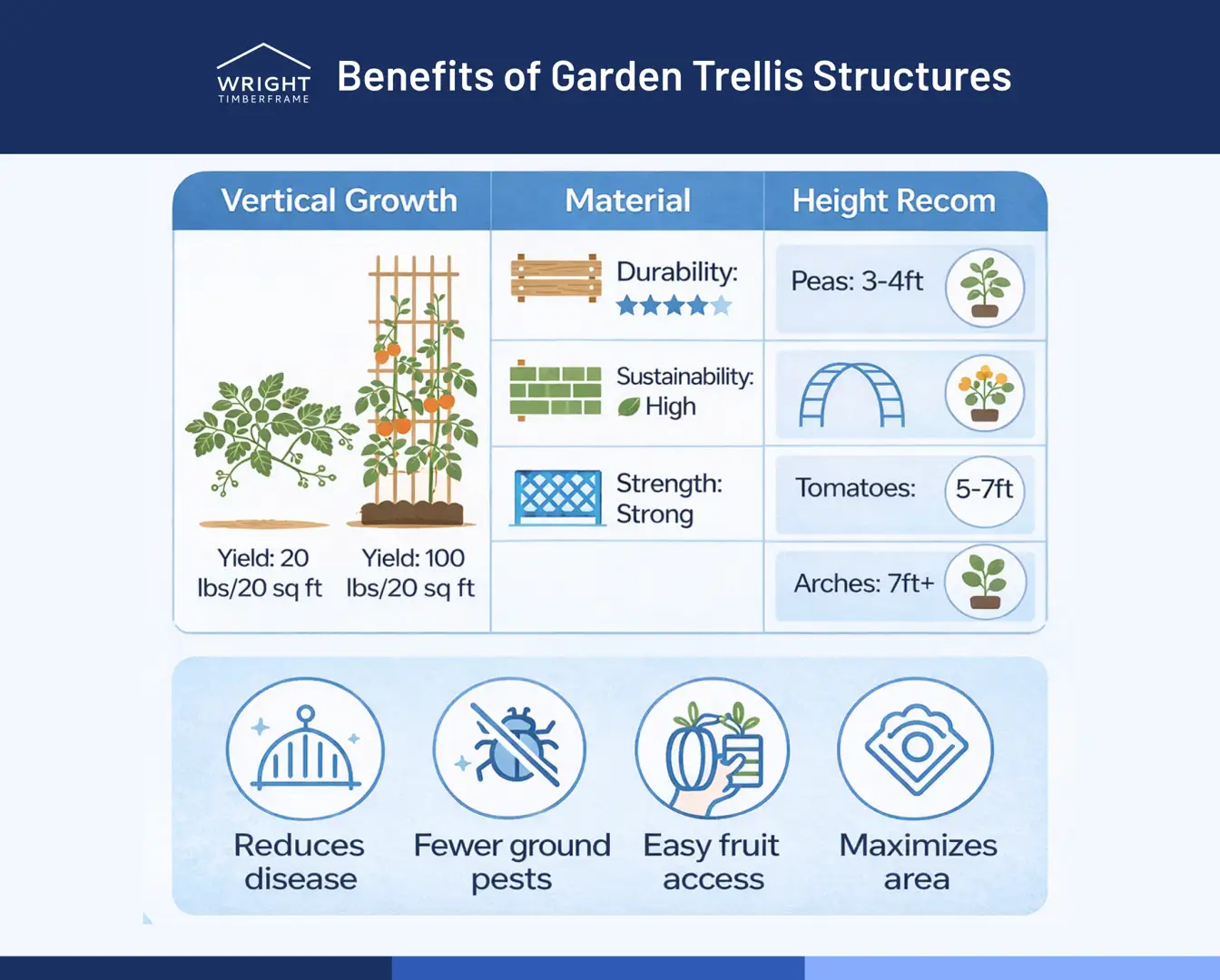 Benefits of Garden Trellis Structures Infographic showing benefits of Garden trellis structures, including vertical growth, higher yields, durability, and pest reduction