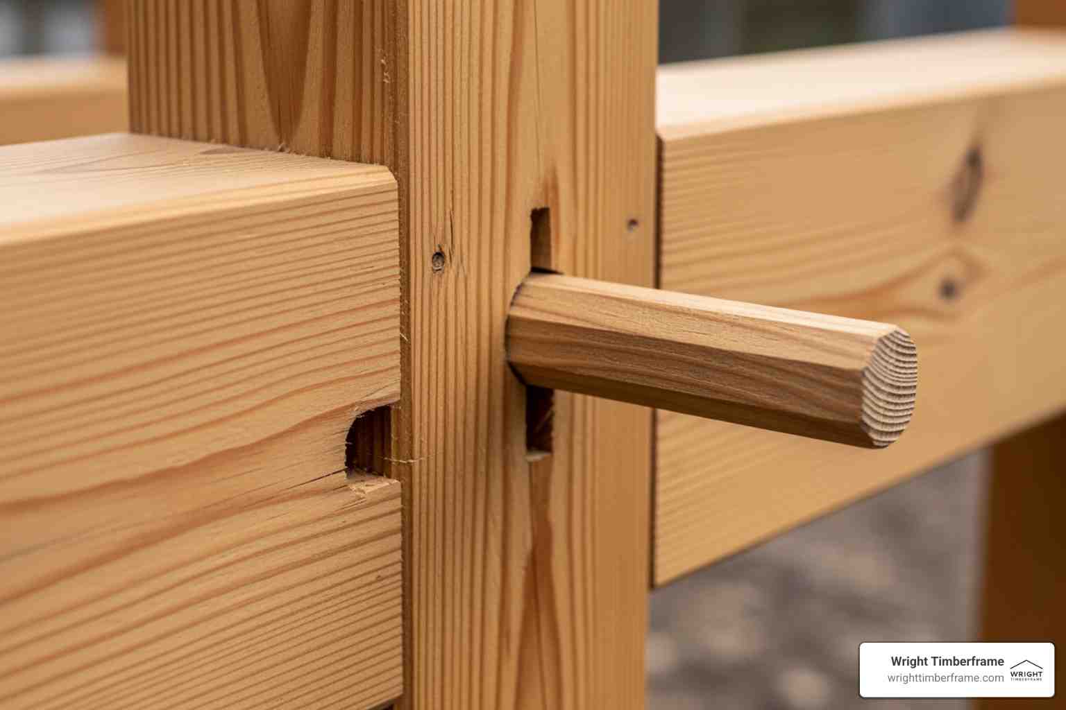 Mortise and Tenon Woodworking Joint Detail Close-up of traditional woodworking joints showing mortise and tenon joinery with wooden peg in timber frame connection.