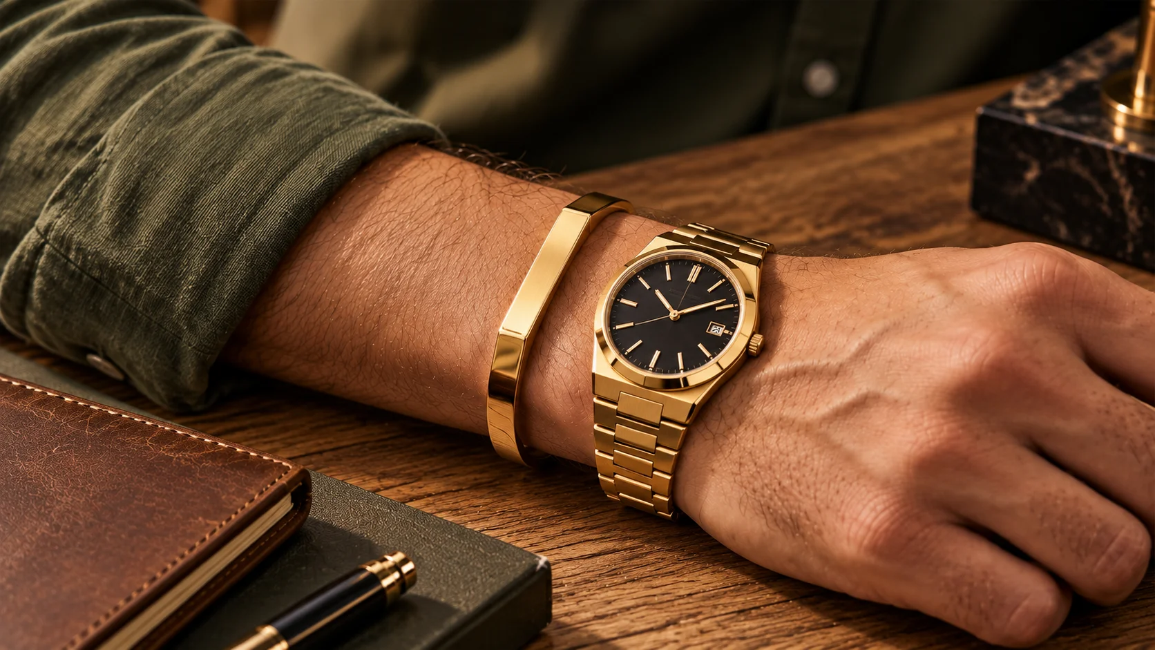 gold cuff bracelet stacked with watch