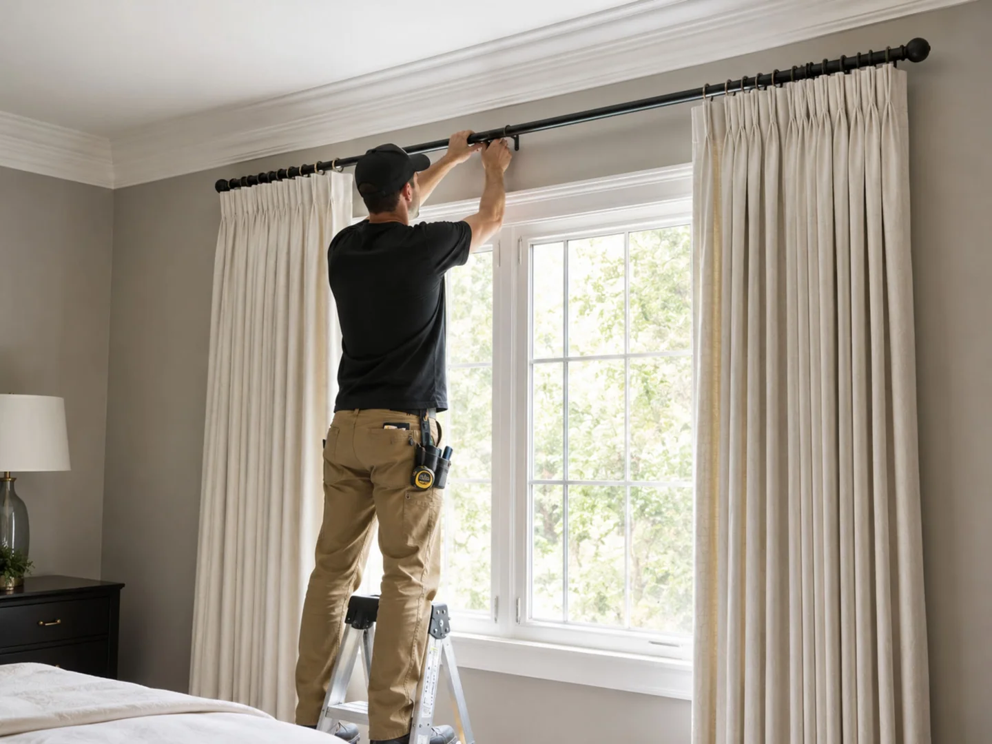 Professional installer mounting custom bedroom blackout curtains in a Downers Grove home, ensuring precision fit and maximum light blockage. Professional installer mounting custom bedroom blackout curtains in a Downers Grove home, ensuring precision fit and maximum light blockage.