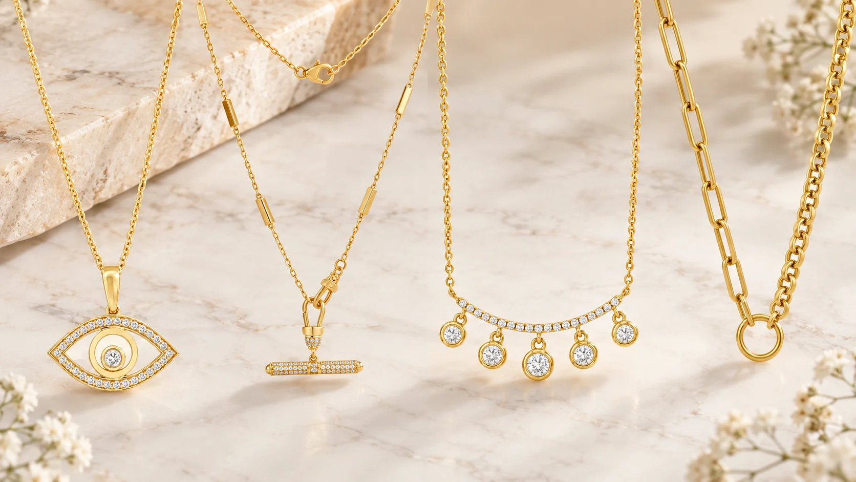 Various gold chain styles displayed together Various gold chain styles displayed together