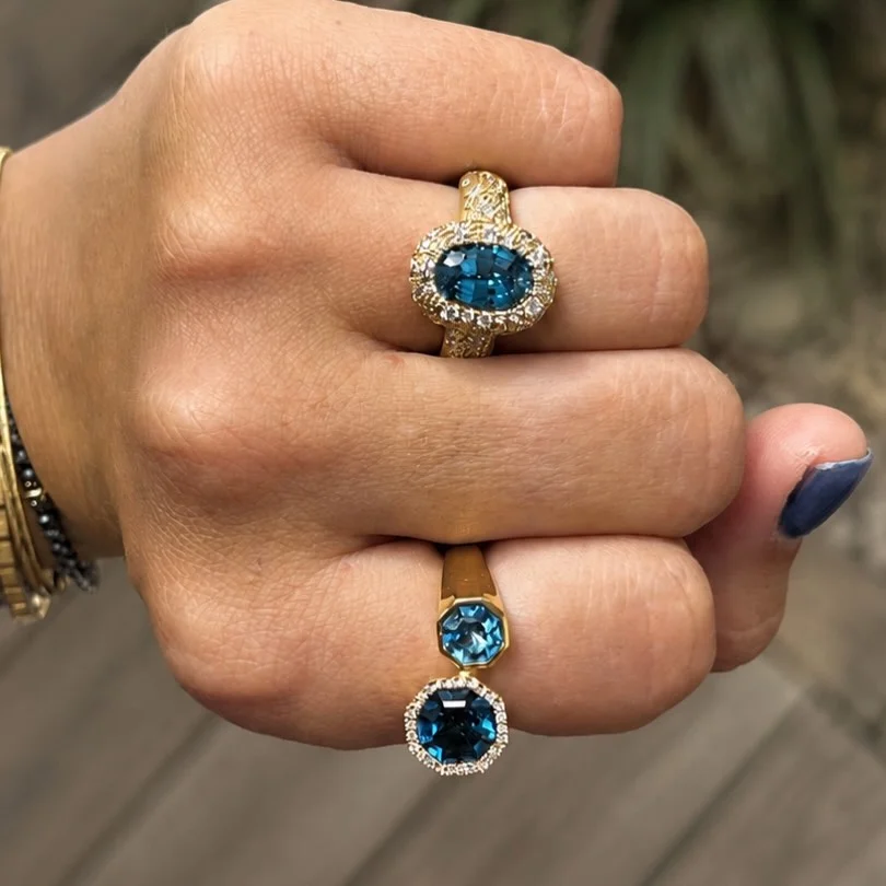 Gemstones set in yellow gold, white gold, and sterling silver
