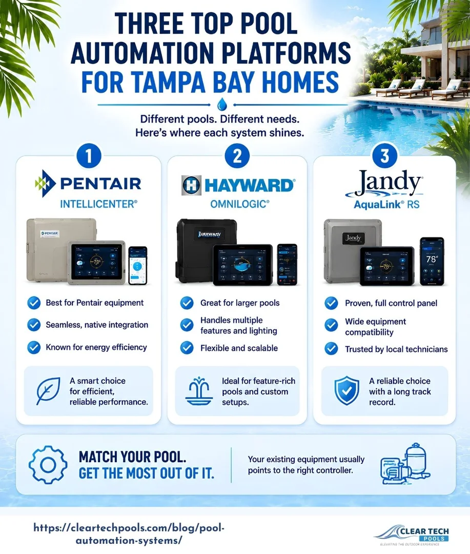 Pool automation platforms controlling pool lights, pumps, and salt systems.