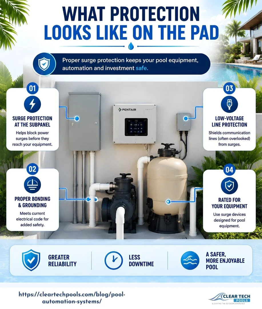 Pool automation system equipment protection with surge devices and proper grounding.