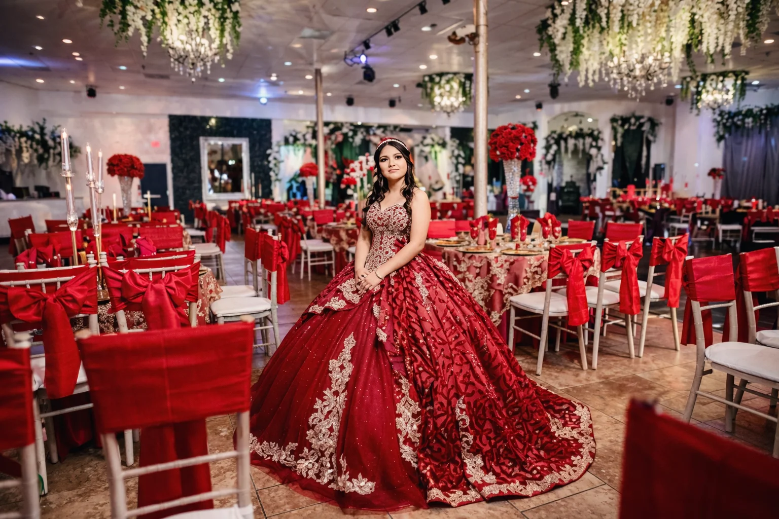 a sparkling red ball gown with intricate lace and glitter details - red quinceañera themes a sparkling red ball gown with intricate lace and glitter details - red quinceañera themes