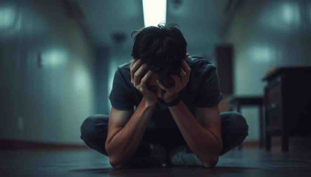 person with head in hands, surrounded by swirling, chaotic thoughts representing brain fog or mental overload - im losing my mind