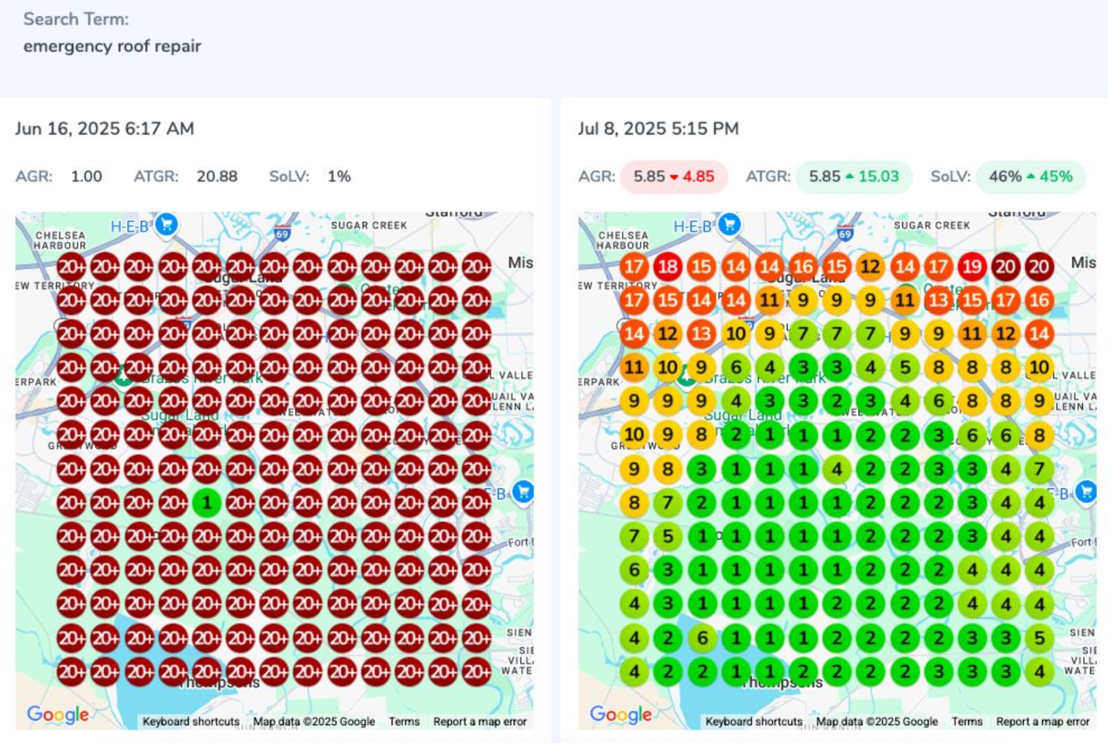Geo-grid map visualizing local ranking improvements - Rank higher Google Maps