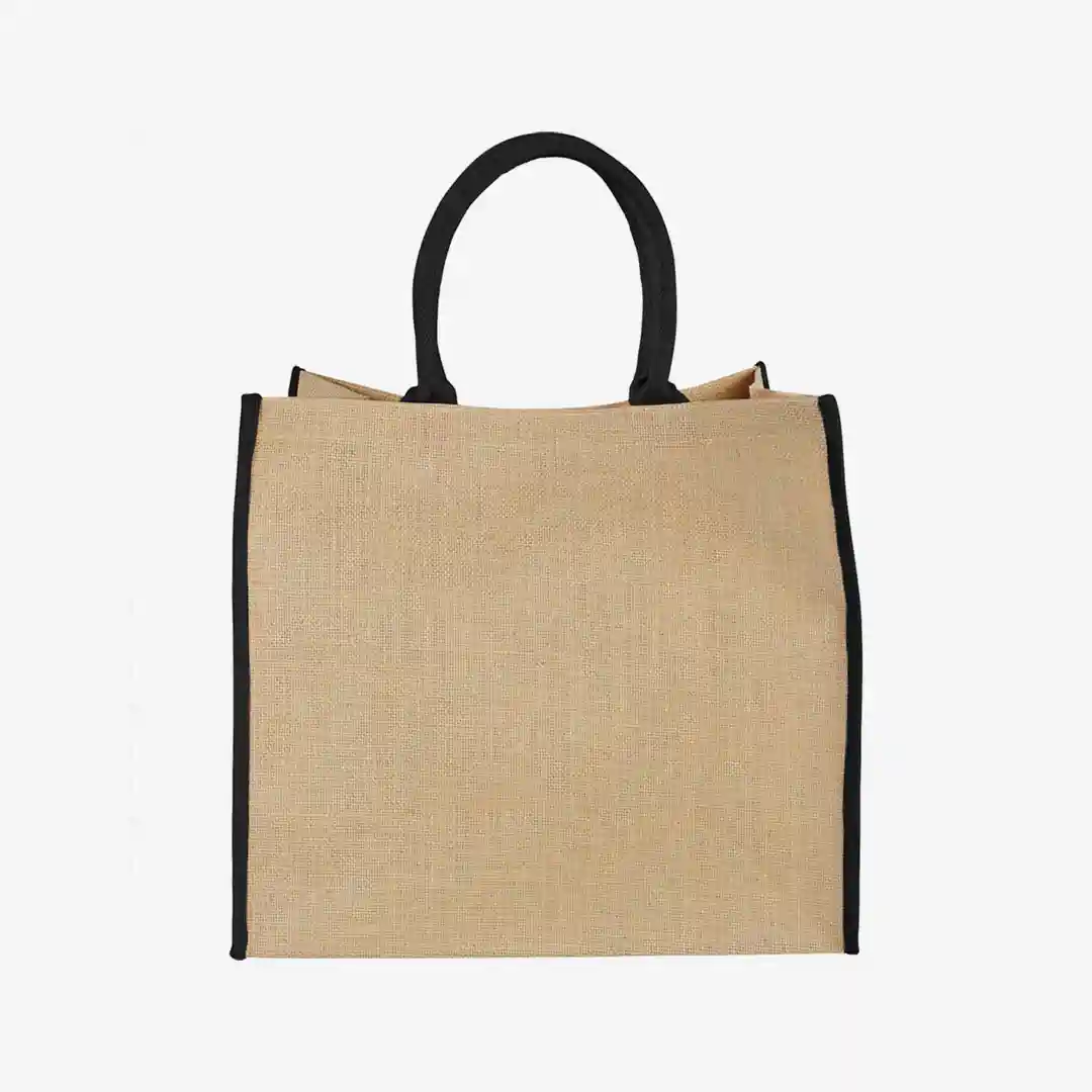 The Large Eco Jute Tote shown in a lifestyle context, perhaps being carried over a shoulder. - trade show swag The Large Eco Jute Tote shown in a lifestyle context, perhaps being carried over a shoulder. - trade show swag