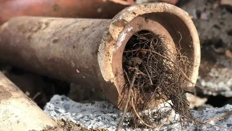 A split screen shows a clear pipe versus a pipe with root intrusion. cctv stormwater inspection
