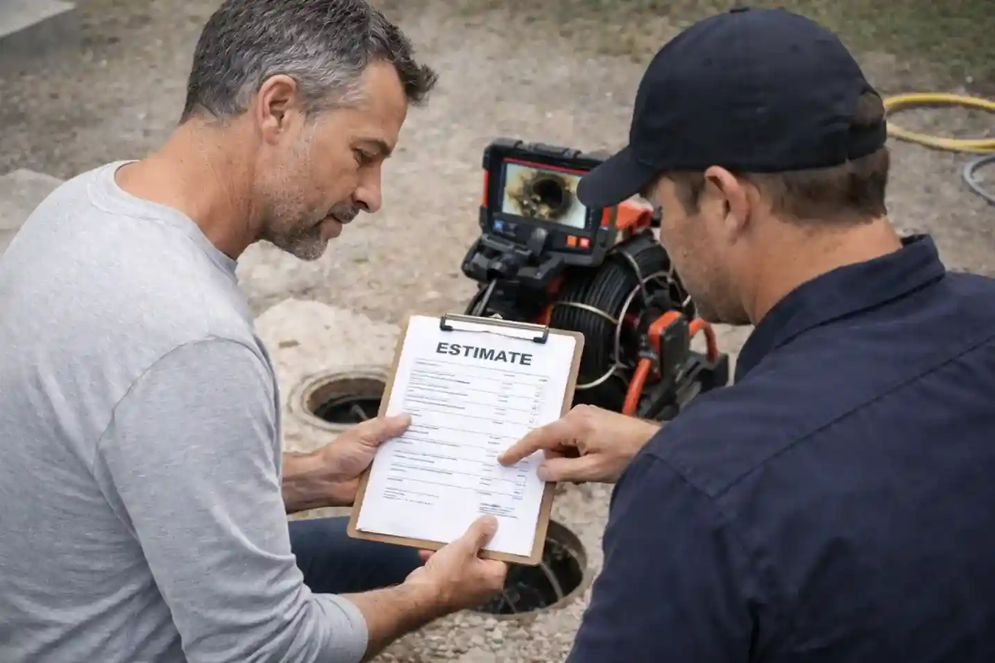 Image of a homeowner reviewing a clear, easy-to-understand estimate with a technician - sewer plumbing repair Image of a homeowner reviewing a clear, easy-to-understand estimate with a technician - sewer plumbing repair