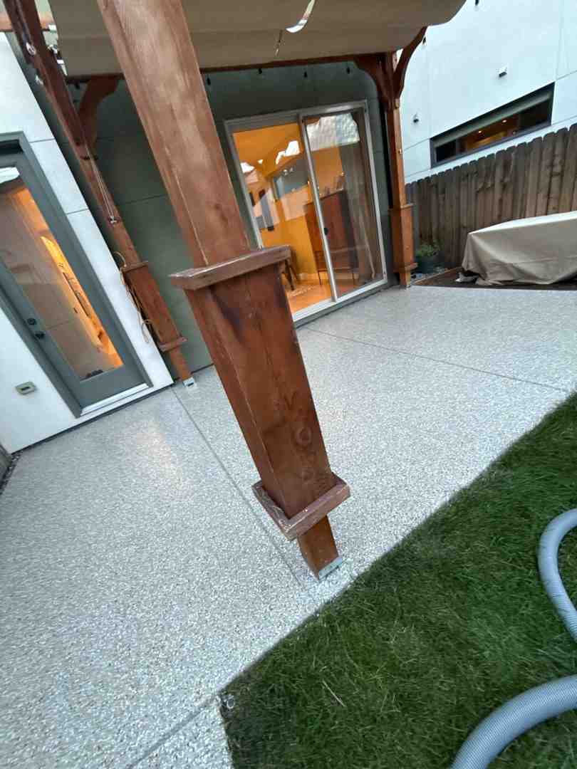 Dramatic before-and-after of a commercial entryway restored with a Penntek Flake/Chip polyaspartic coating - Concrete restoration Denver