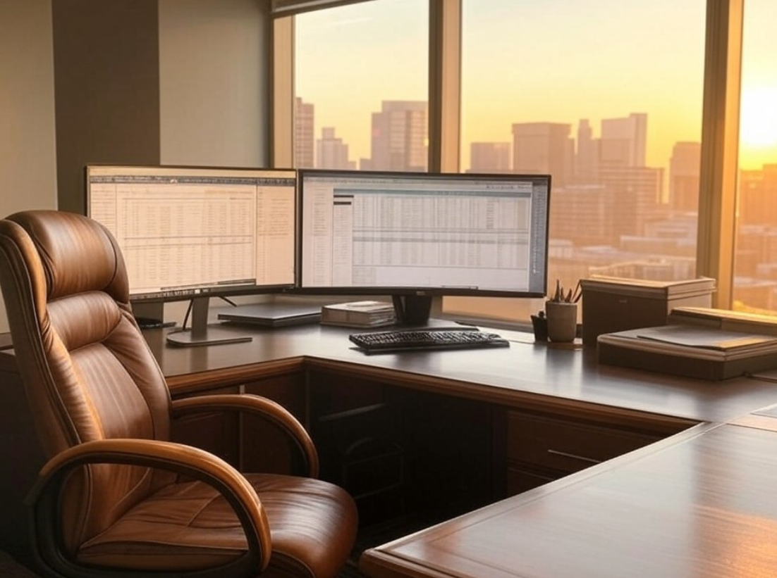 xecutive office corner suite with wooden desk, leather chair, dual monitors showing spreadsheets - non-woke companies to invest in