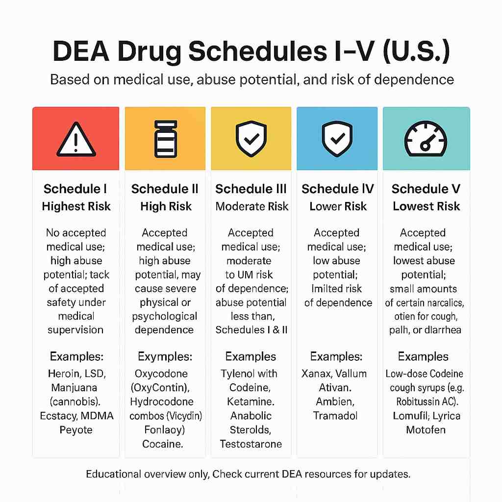 Infographic showing the five DEA drug schedules with examples and criteria for each schedule - is xanax a controlled substance infographic 
