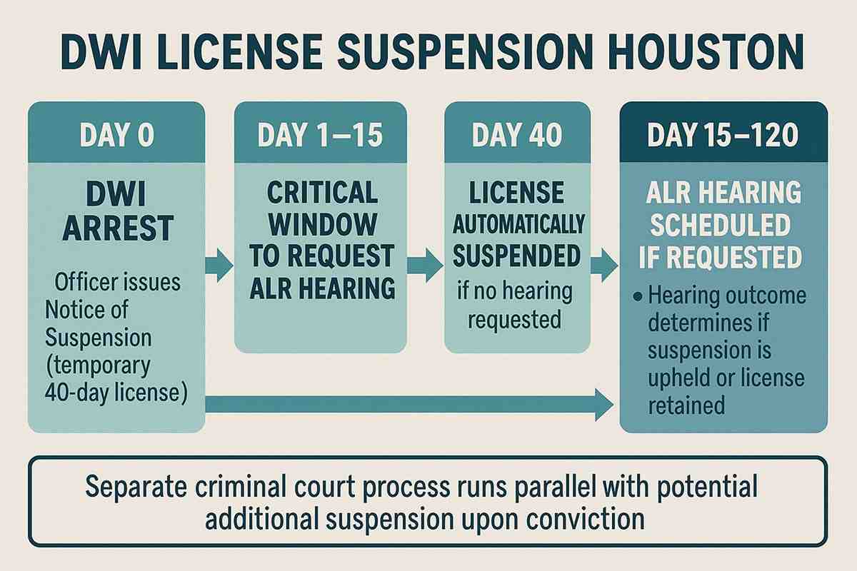 Infographic showing the timeline from DWI arrest in Houston to license suspension: Day 0 - DWI arrest, officer issues Notice of Suspension (temporary 40-day license); Day 1-15 - Critical window to request ALR hearing; Day 40 - License automatically suspended if no hearing requested; Day 15-120 - ALR hearing scheduled if requested; Hearing outcome determines if suspension is upheld or license retained; Separate criminal court process runs parallel with potential additional suspension upon conviction - DWI license suspension Houston infographic 