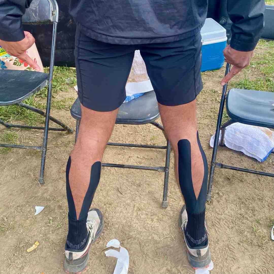 Athlete's ankle with Achilles tendon taping - achilles tendon taping.  Using SHIELD APEX Kinesiology tape (SHIELD Tape Made in USA)