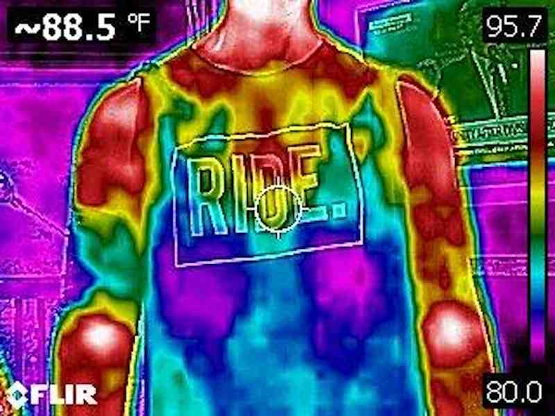 Image showing the after-effects of ACTIVE cooling on an athlete - the wrapped arm is visibly cooler than the control arm, using thermal imaging
