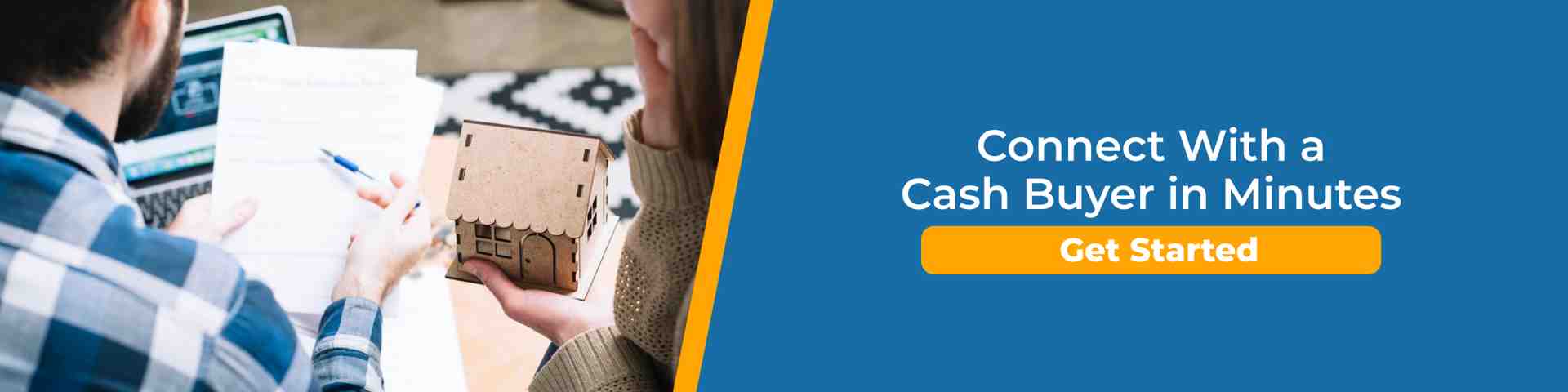 Homeowner reviewing documents while holding a house model, showing how sellers can quickly connect with a trusted cash buyer and start a fast, simple home sale process