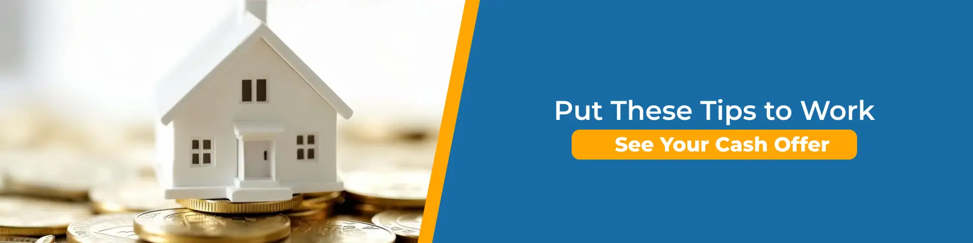 Model house on stacked coins with call to action to see your fast cash home offer in Portland