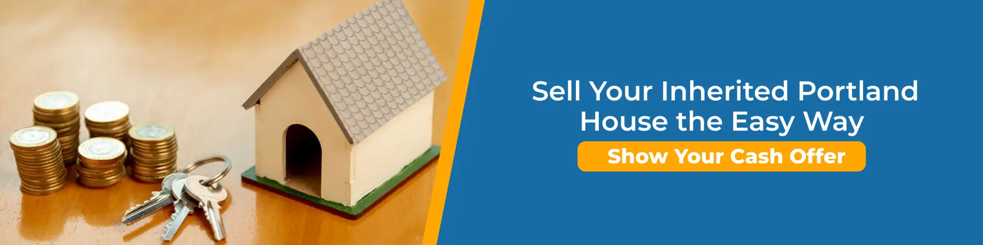 Model home with keys and stacked coins promoting how to sell inherited house in Portland for a cash offer quickly