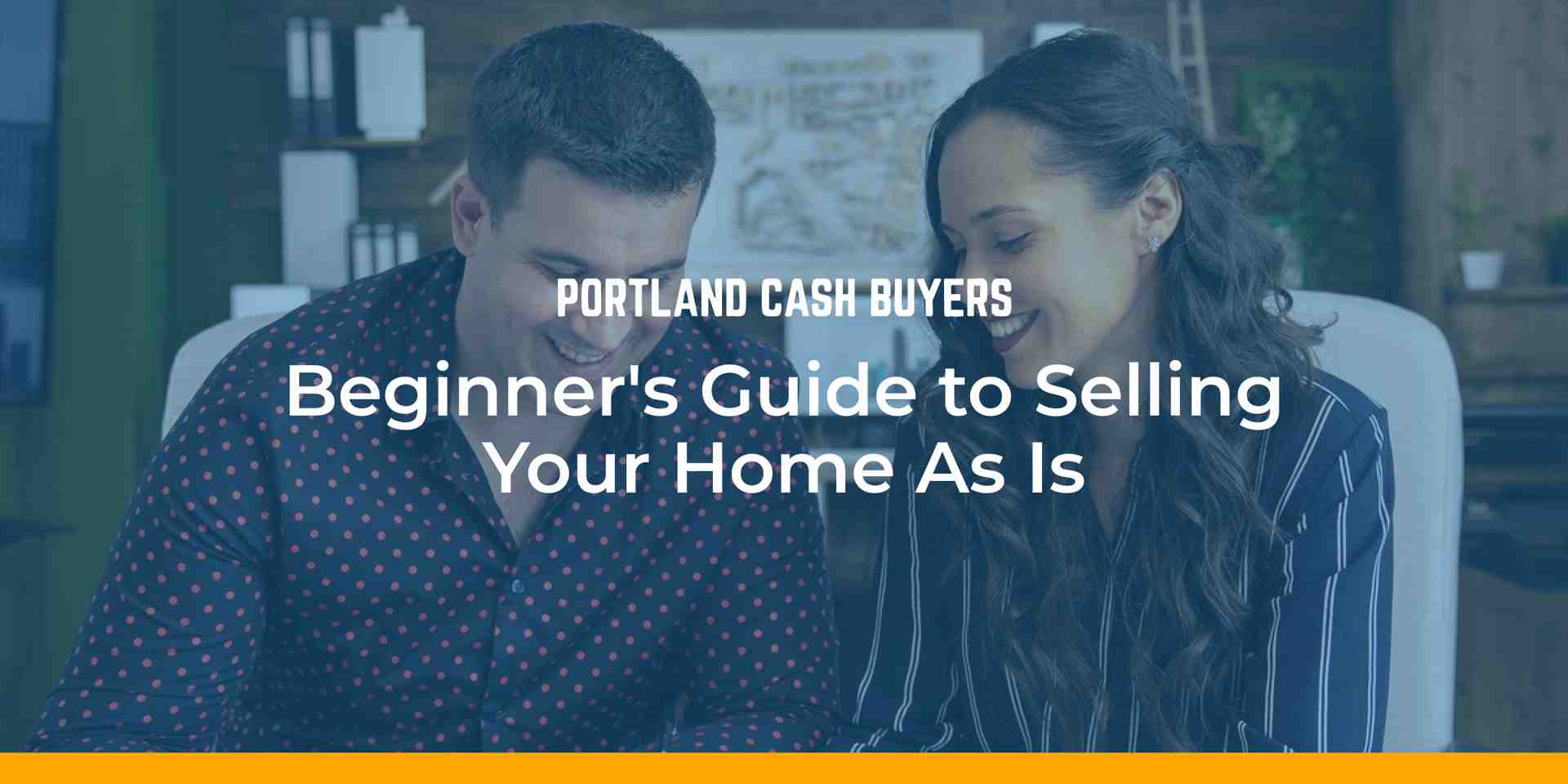 Smiling homeowners reviewing documents together, representing a beginner-friendly guide for sellers who want to sell my home as is without repairs, showings, or delays