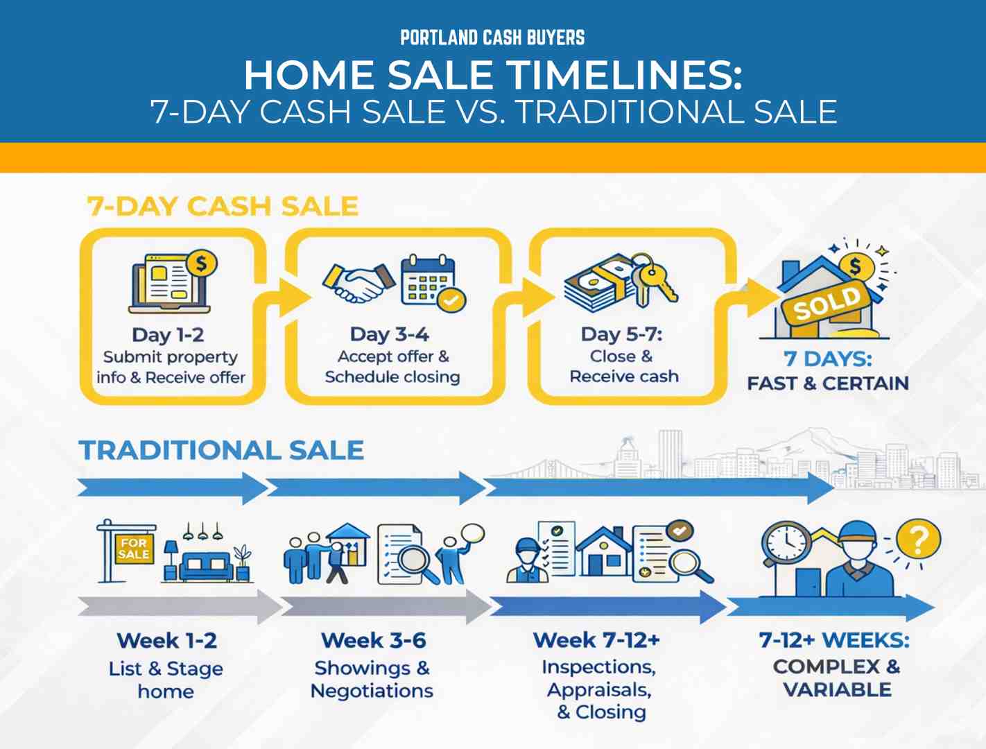 Infographic comparing home sale timelines, showing a 7-day cash sale versus a traditional home sale with weeks of listings, showings, inspections, and closing.