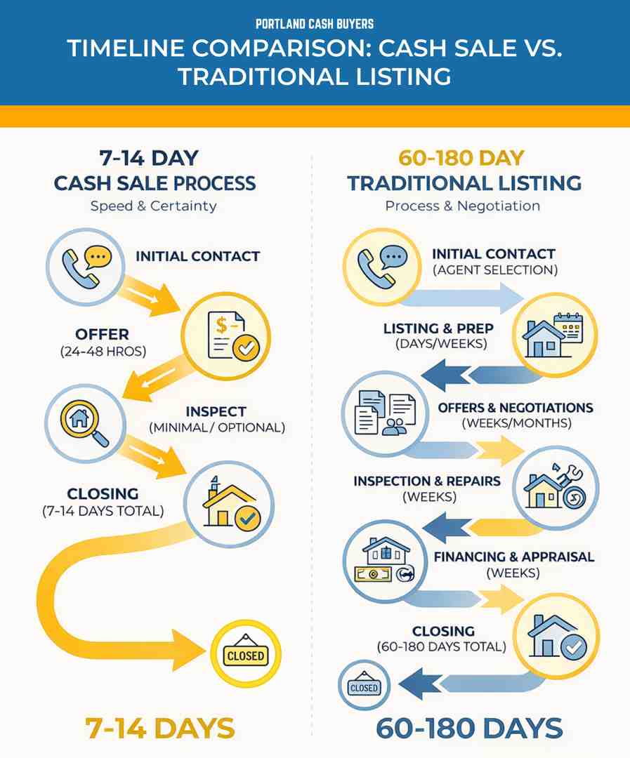 Infographic comparing timelines from companies that buy houses fast versus traditional home listings, showing steps and days to closing.
