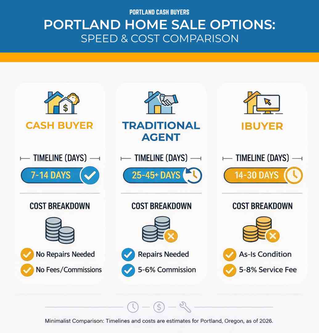 Infographic comparing cash buyers, traditional agents, and iBuyers in Portland, showing timelines, fees, and repair costs side by side.