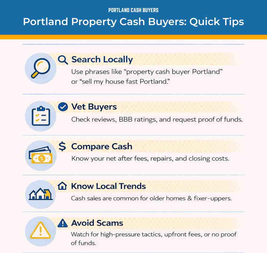 Infographic with tips for finding a reliable property cash buyer in Portland, covering local search, vetting buyers, comparing offers, and avoiding common scams