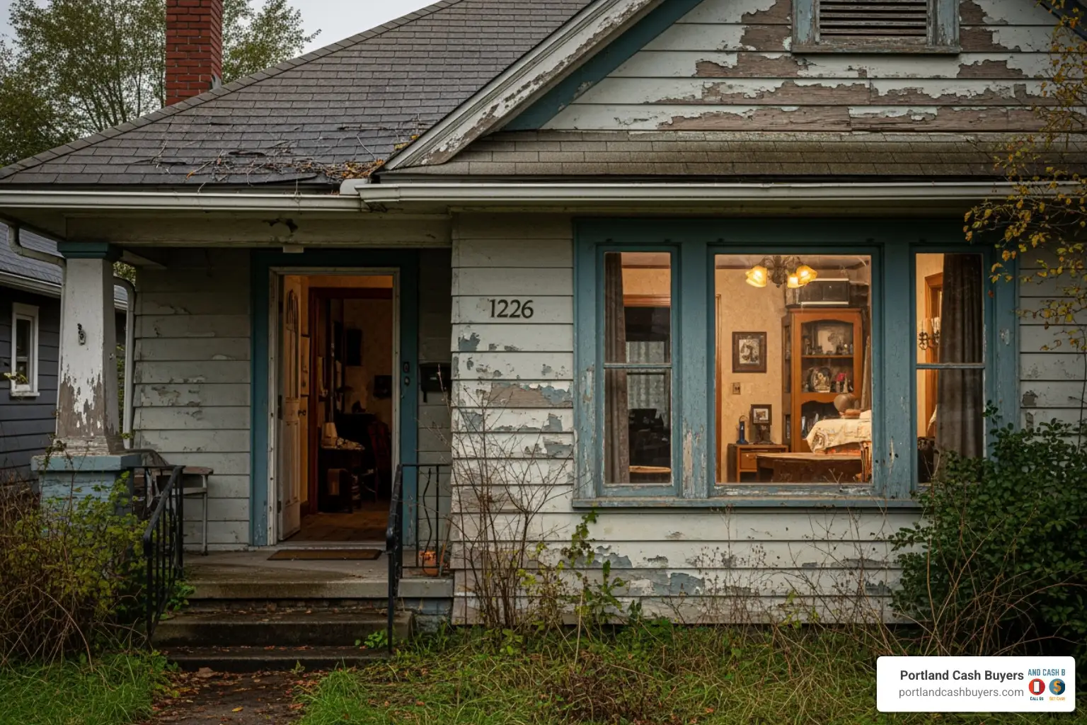 Older Portland house with peeling paint and worn exterior typical of we buy Portland houses cash sale properties