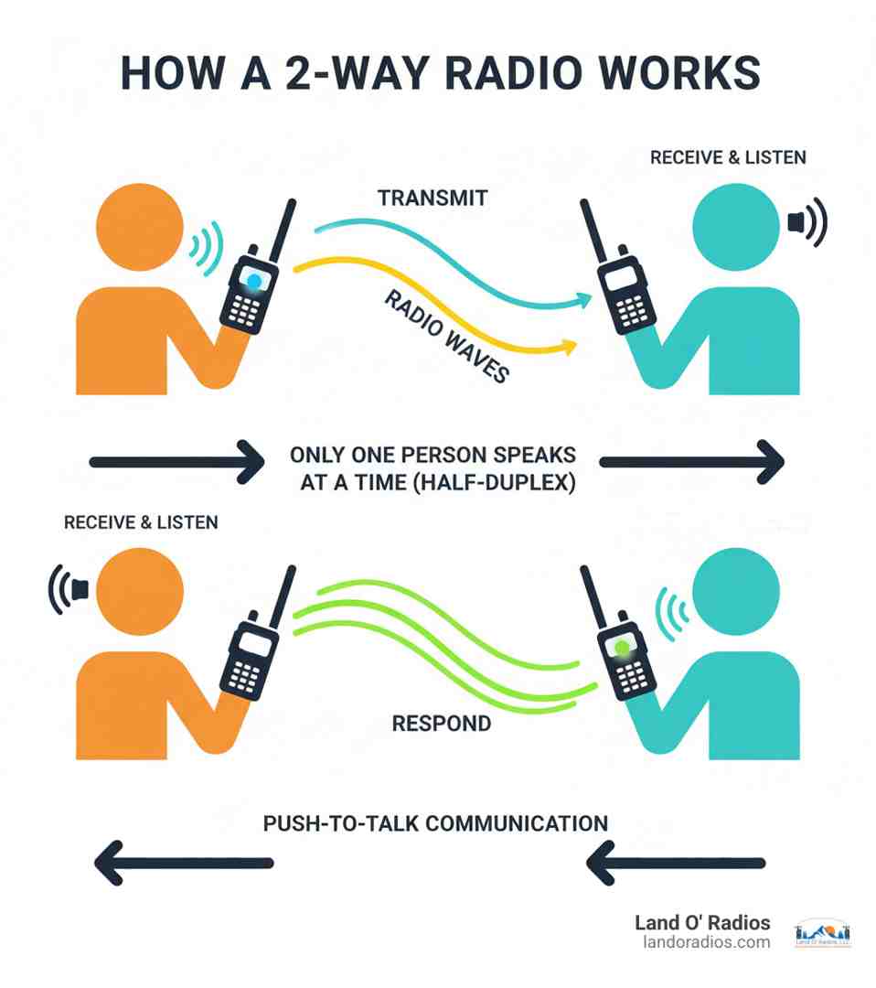 Infographic showing how a two-way radio works: a person pressing the push-to-talk button sends their voice as radio waves to another radio, which receives and plays the message; the second person then presses their button to respond, illustrating the half-duplex communication process where only one person can transmit at a time - 2-way radio infographic 