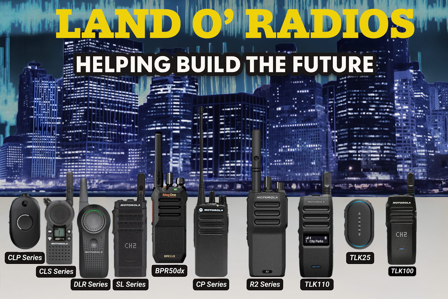 Motorola radios in various work settings like a construction site, a retail store, and a hospital - digital two-way radio motorola