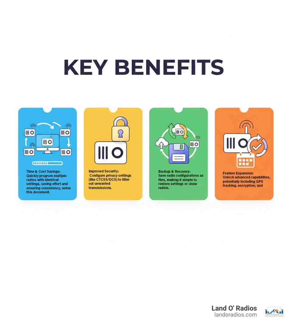 Infographic showing the key benefits of Kenwood radio programming software: Bulk Programming allows you to set up multiple radios simultaneously instead of one at a time; Advanced Feature Access unlocks settings not available through the radio keypad; Easy Backups lets you save and restore radio configurations with a single click; Firmware Updates keep your radios current with the latest features and bug fixes - kenwood radio programming software infographic 