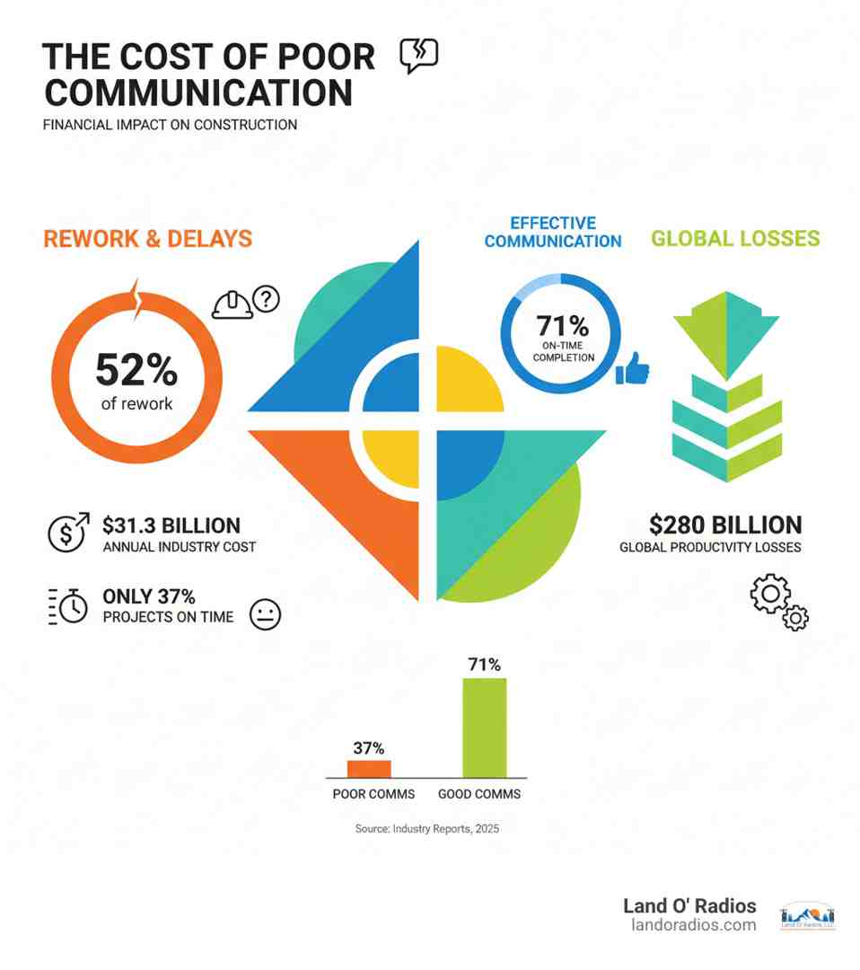 Infographic showing the financial impact of poor construction site communication: 52% of rework caused by miscommunication, $31.3 billion annual cost to the industry, only 37% of projects finish on time, 71% on-time completion with effective communication, $280 billion in global productivity losses from rework - construction site communication infographic 