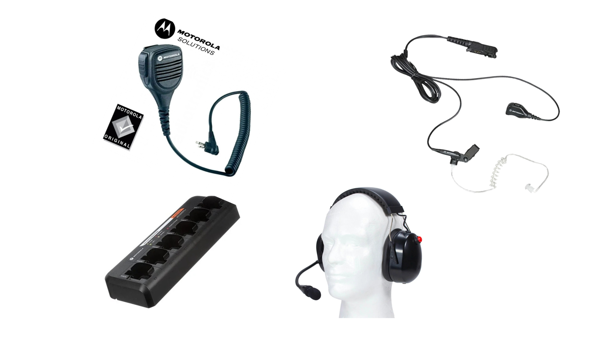 Popular two-way radio accessories including a surveillance earpiece, a speaker microphone, and a multi-unit charging station - event communication radios