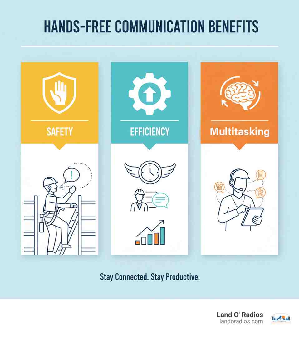 Infographic highlighting the core benefits of hands-free communication: Safety, Efficiency, and Multitasking. - hands free radio infographic 