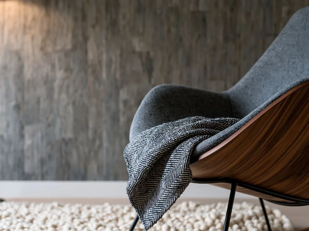 user-inserted a comfortable modern chair and a blanket hanging over the edge