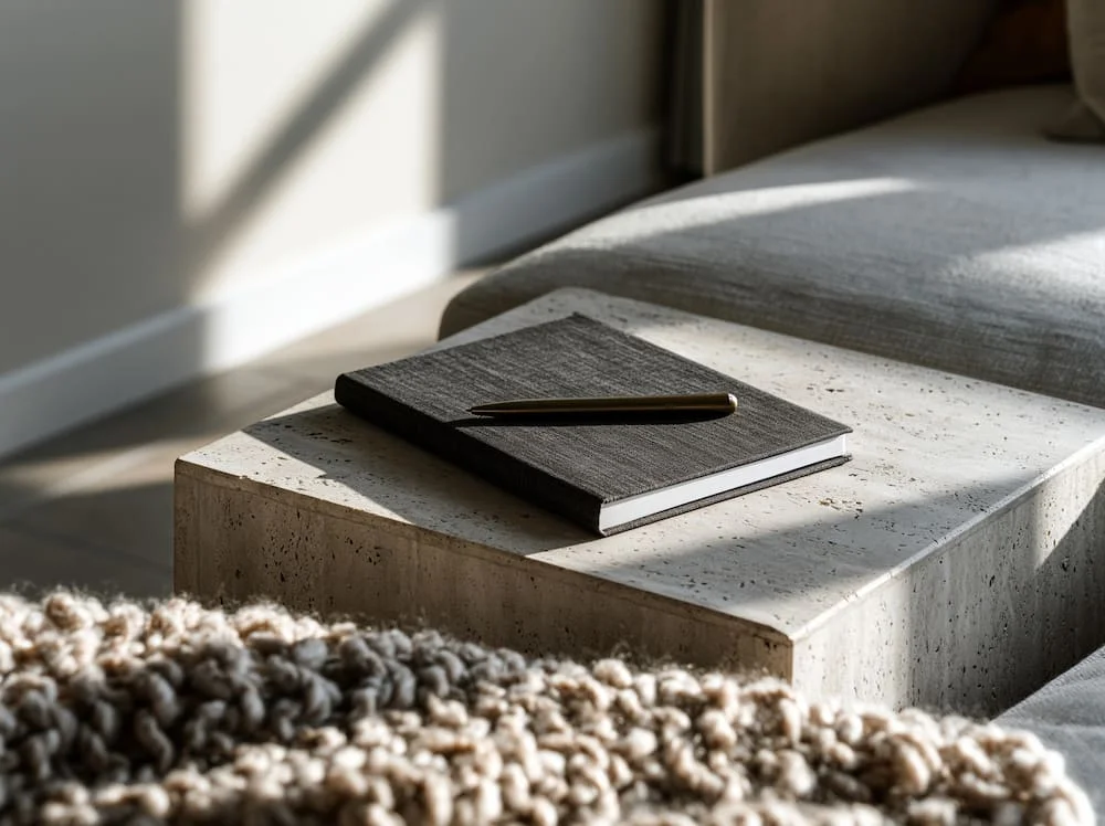 user-inserted a notebook and pen journal resting on a low table