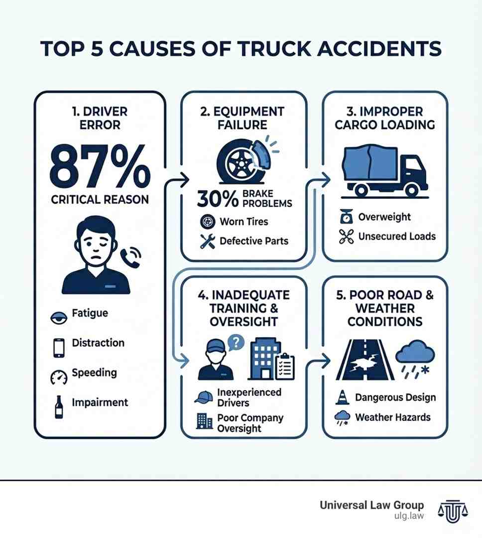Infographic showing top 5 causes of truck accidents: Driver Error (87%) including fatigue, distraction, speeding, and impairment; Equipment Failure (30% brake problems) including worn tires and defective parts; Improper Cargo Loading including overweight and unsecured loads; Inadequate Training and Company Oversight; Poor Road and Weather Conditions - causes of truck accidents infographic 